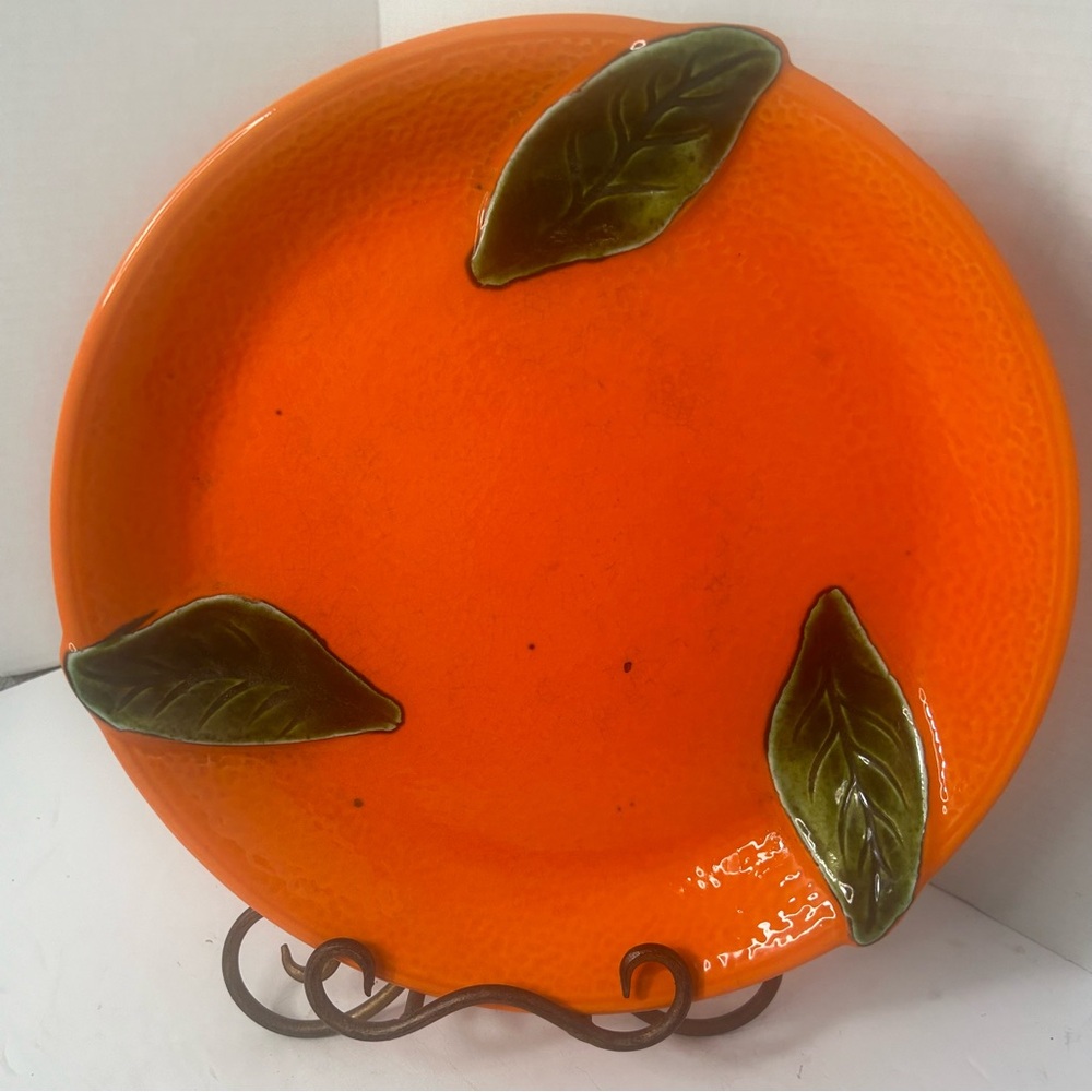 Mid Century Modern California USA Serving Platter Pottery Vibrant Orange Leaf